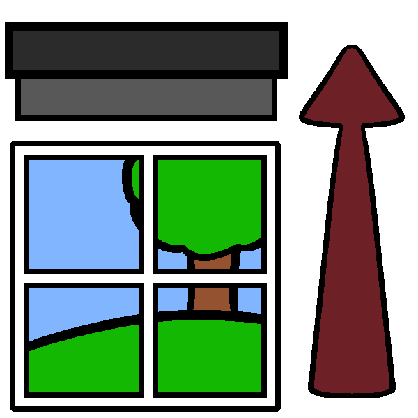 A window with raised blinds and an arrow pointing upwards to the right of it. Outside is a tree on a hill.